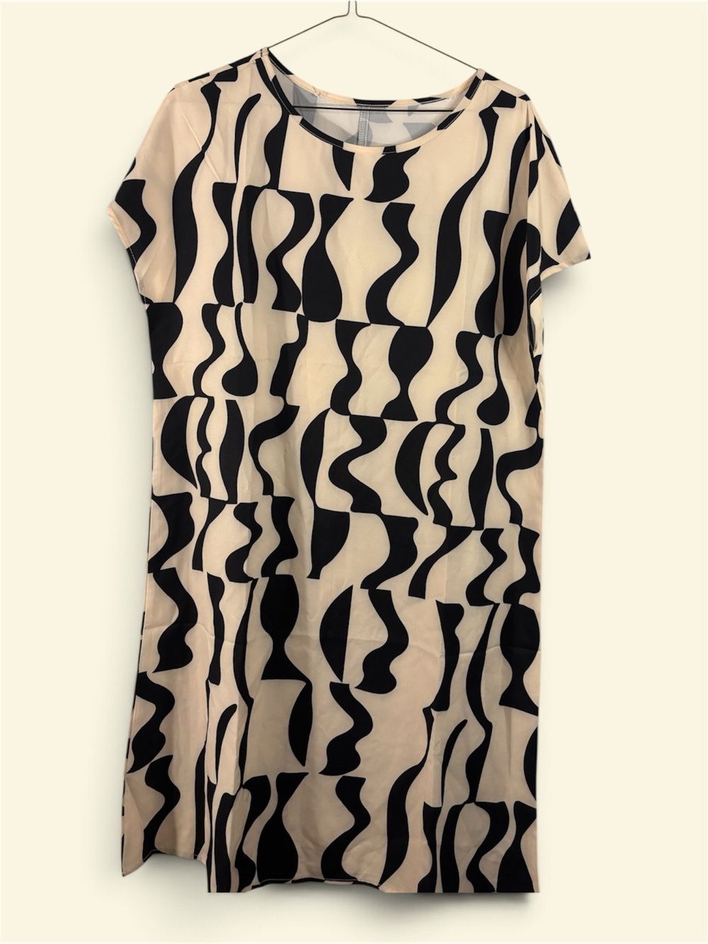 Abstract Black Pattern Midi Dress in Beige